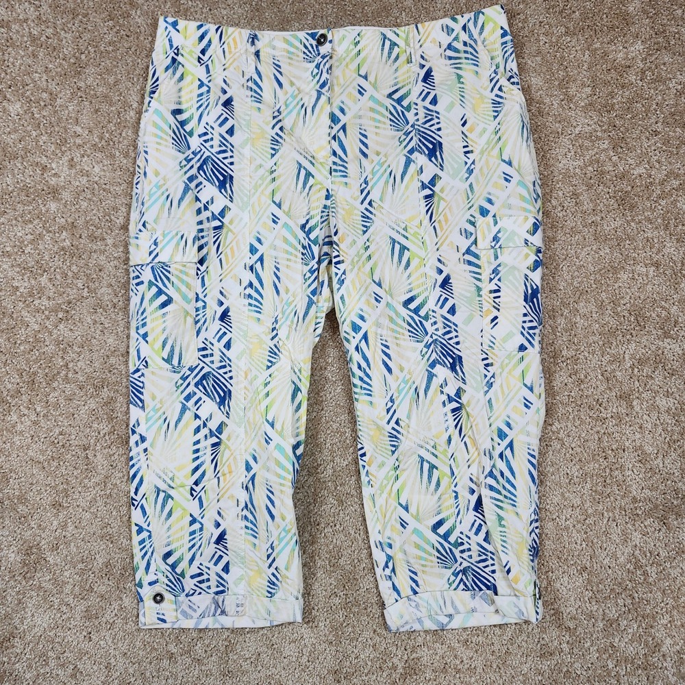 Chico's Crop Pants Blue Yellow Green Palm Leaf Abstract Tropical Casual Size 2.5